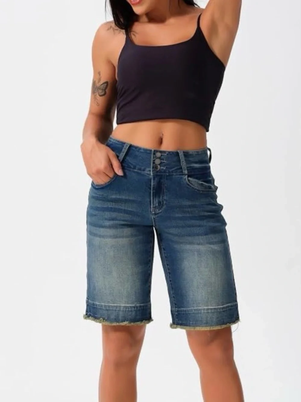 roswear Women's Stretchy Wide Leg High Waisted Frayed Hem Long Jean Shorts Sz XL